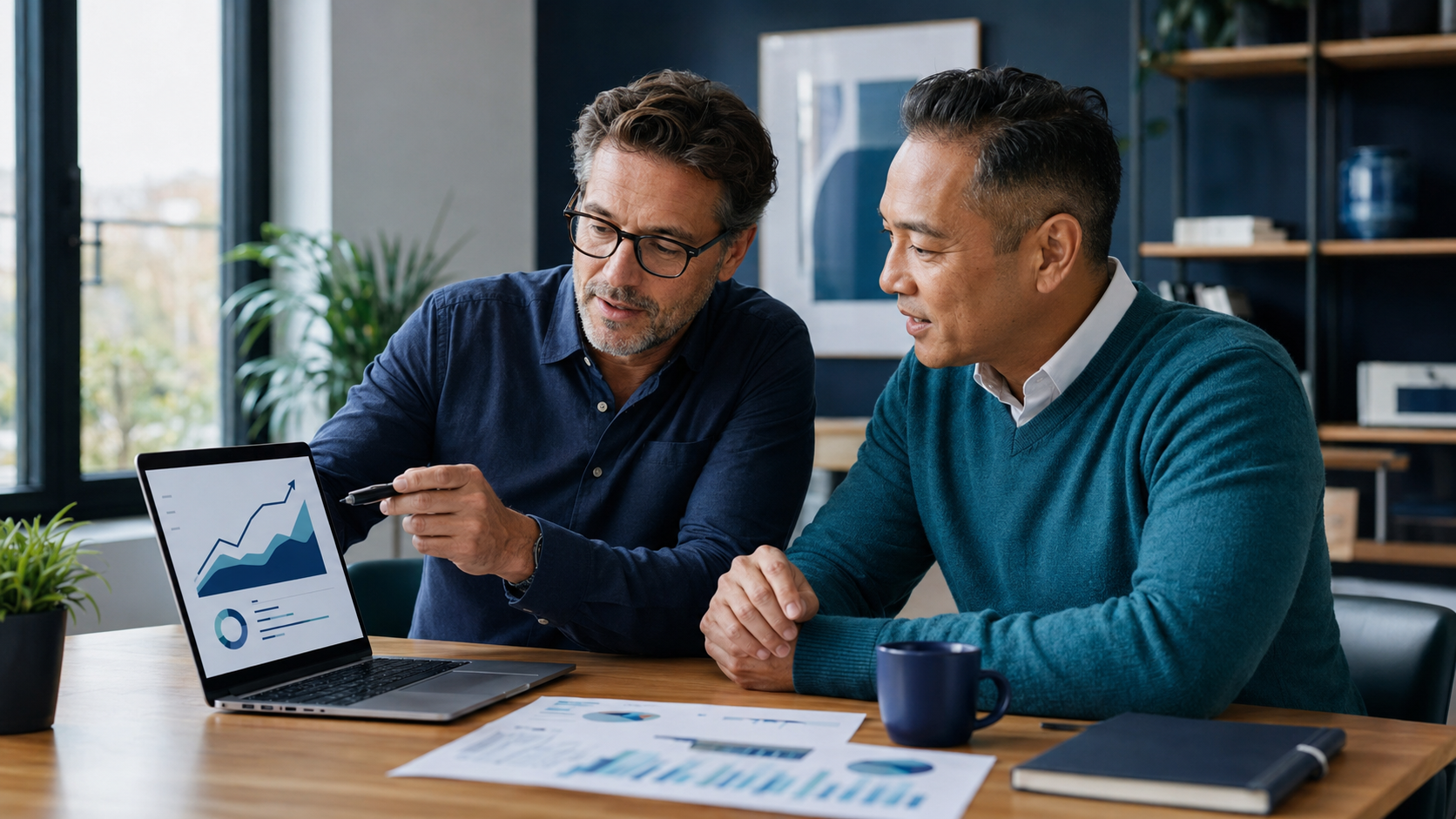 Business owner reviewing campaign results with a marketing advisor