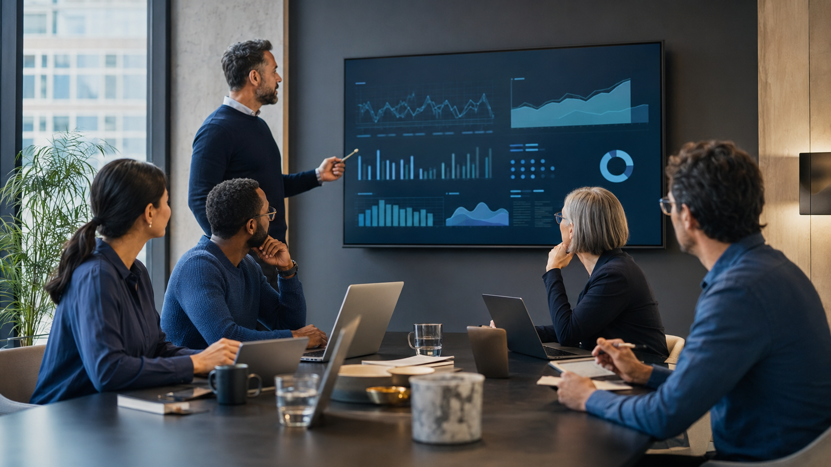Experienced marketing team reviewing campaign performance during a strategy session